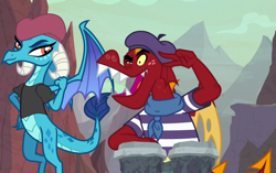 Size: 1150x720 | Tagged: safe, artist:davidsfire, artist:queencold, edit, edited screencap, screencap, character:garble, character:princess ember, species:dragon, ship:emble, episode:sweet and smoky, g4, my little pony: friendship is magic, beatnik, beret, blouse, bongos, clothing, female, hat, male, scarf, shipping, shirt, straight, striped shirt, vector, vector edit