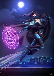 Size: 4128x5790 | Tagged: safe, artist:mauroz, character:trixie, species:human, g4, anime, bodysuit, cape, city, cloak, clothing, female, futhark, hat, humanized, magic, magic wand, magician outfit, moon, night, runes, solo