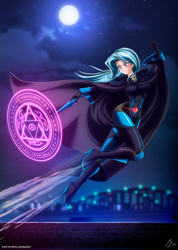Size: 4128x5790 | Tagged: safe, alternate version, artist:mauroz, character:trixie, species:human, g4, anime, bodysuit, cape, city, cloak, clothing, female, futhark, hat, humanized, magic, magic wand, magician outfit, moon, night, runes, solo