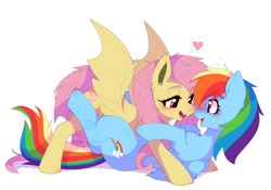 Size: 1144x800 | Tagged: safe, artist:snow angel, character:flutterbat, character:fluttershy, character:rainbow dash, species:bat pony, species:pegasus, species:pony, ship:flutterdash, g4, bat ponified, fangs, female, heart, lesbian, lying down, mare, obtrusive watermark, on back, pictogram, race swap, shipping, simple background, watermark, white background