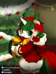 Size: 608x800 | Tagged: safe, artist:snow angel, oc, oc only, species:anthro, species:pony, species:unicorn, g4, christmas, christmas gift, christmas tree, clothing, costume, holiday, present, santa costume, solo, tree