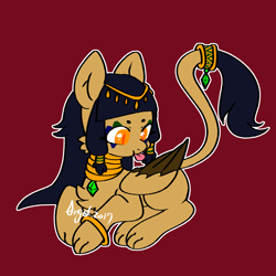 Size: 2448x2449 | Tagged: safe, artist:snow angel, oc, oc only, oc:sophia (snow angel), species:sphinx, g4, colored pupils, jewelry, red background, simple background, solo, sphinx oc, tongue out