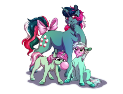 Size: 3000x2300 | Tagged: safe, artist:lupiarts, character:fizzy, character:lyra heartstrings, character:minty bubblegum, species:pony, species:unicorn, g1, bow, bubble, bubblegum, chest fluff, cute, female, filly, food, gum, headcanon, mother and child, mother and daughter, siblings, simple background, sisters, tail bow, transparent background, unshorn fetlocks