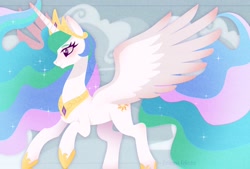 Size: 1500x1012 | Tagged: safe, artist:snow angel, character:princess celestia, species:alicorn, species:pony, g4, cloud, crown, female, jewelry, mare, profile, regalia, solo, spread wings, wings