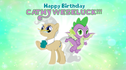 Size: 1280x719 | Tagged: safe, artist:andoanimalia, character:mayor mare, character:spike, g4, birthday, cathy weseluck