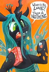 Size: 561x820 | Tagged: safe, artist:kenket, artist:spainfischer, character:queen chrysalis, species:changeling, candy, changeling queen, female, futurama, heart, solo, wuv