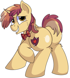 Size: 4000x4450 | Tagged: safe, artist:rainbowtashie, commissioner:bigonionbean, writer:bigonionbean, character:apple bloom, character:dinky hooves, oc, oc:sparkling apples, species:earth pony, species:pony, species:unicorn, g4, bow tie, butt, colt, cutie mark, flank, fusion, fusion:sparkling apples, male, rule 63, simple background, thicc ass, transparent background