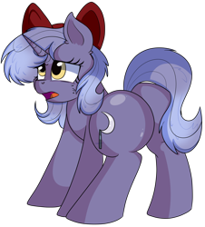 Size: 5600x6200 | Tagged: safe, artist:rainbowtashie, commissioner:bigonionbean, writer:bigonionbean, character:igneous rock pie, character:night light, oc, oc:evening emeralds, species:earth pony, species:pony, species:unicorn, g4, bow, butt, confused, cute, cutie mark, embarrassed, female, flank, fusion, fusion:evening emeralds, mare, plot, rule 63, simple background, thicc ass, transparent background
