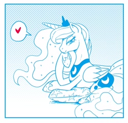 Size: 2424x2339 | Tagged: safe, artist:mrs1989, character:princess luna, species:alicorn, species:pony, g4, crown, female, heart, jewelry, looking at you, lying down, mare, monochrome, peytral, pillow, regalia, smiling, solo
