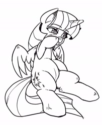 Size: 1899x2339 | Tagged: safe, artist:mrs1989, character:twilight sparkle, character:twilight sparkle (alicorn), species:alicorn, species:pony, g4, belly, chubby, chubby twilight, female, mare, monochrome, nose picking, simple background, sitting, solo