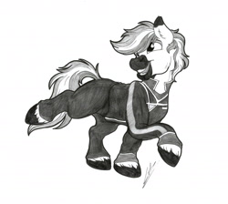 Size: 2724x2440 | Tagged: safe, artist:lupiarts, patreon reward, oc, oc only, oc:yaktan, species:earth pony, species:pony, g4, babylon 5, black and white, clothing, grayscale, monochrome, patreon, simple background, solo, traditional art, uniform, unshorn fetlocks, white background
