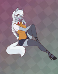 Size: 1886x2400 | Tagged: safe, artist:scorpdk, character:silver spoon, species:anthro, species:earth pony, species:pony, species:unguligrade anthro, g4, abstract background, adorasexy, big breasts, bracelet, braid, breasts, busty silver spoon, clothing, cute, eyebrows, eyebrows visible through hair, eyelashes, female, glasses, grey hair, happy, high heels, hoof shoes, jewelry, leg focus, legs, lips, looking at you, mare, meganekko, miniskirt, necktie, older, older silver spoon, one eye closed, open mouth, school uniform, schoolgirl, seductive, sexy, shoes, silverbetes, skindentation, skirt, smiling, socks, solo, stockings, sultry pose, sweater vest, thigh highs, thighs, vest, white hair, wink, zettai ryouiki