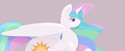 Size: 1280x521 | Tagged: dead source, safe, artist:kryptchild, character:princess celestia, bedroom eyes, eyeshadow, female, missing accessory, smiling, solo, spread wings, wings