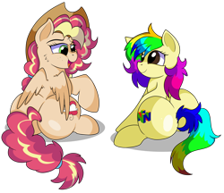 Size: 8500x7350 | Tagged: safe, artist:rainbowtashie, commissioner:bigonionbean, writer:bigonionbean, character:applejack, character:pinkie pie, character:rainbow dash, character:sunset shimmer, oc, oc:queen motherly morning, oc:rainbow tashie, species:alicorn, species:earth pony, species:pony, g4, alicorn oc, alicorn princess, butt, clothing, cowboy hat, cutie mark, extra thicc, female, flank, fusion, fusion:queen motherly morning, hairband, hat, horn, mare, nintendo 64, plot, ponytail, simple background, stetson, transparent background, wings
