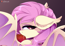 Size: 3426x2425 | Tagged: safe, artist:xsatanielx, character:flutterbat, character:fluttershy, species:bat pony, g4, advertisement, apple, bat ponified, female, food, high res, patreon, patreon logo, patreon preview, paywall content, profile, race swap, solo