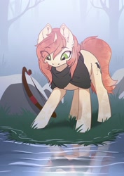 Size: 2480x3508 | Tagged: safe, artist:arctic-fox, oc, oc only, oc:clouded wisp, species:crystal pony, species:pony, species:unicorn, g4, bow (weapon), female, horn, reflection, solo, tree, water