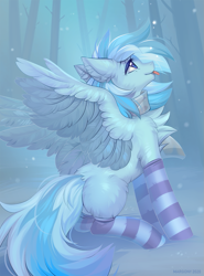 Size: 889x1200 | Tagged: safe, artist:margony, oc, oc only, oc:snowflake, species:pegasus, species:pony, g4, chest fluff, clothing, cute, ear fluff, fluffy, leg fluff, looking up, ocbetes, pegasus oc, profile, scarf, signature, snow, socks, solo, spread wings, striped socks, wing fluff, wings, winter