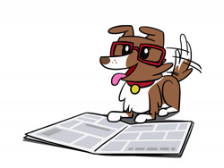 Size: 1280x960 | Tagged: safe, artist:flutterluv, character:winona, species:dog, g4, cute, female, glasses, newspaper, open mouth, reading, simple background, solo, tail wag, tongue out, white background, winonabetes