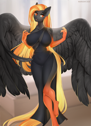 Size: 935x1300 | Tagged: safe, artist:margony, oc, oc only, species:anthro, species:pegasus, species:pony, species:unguligrade anthro, g4, big breasts, big wings, breasts, clothing, curvy, dress, female, hourglass figure, looking at you, pegasus oc, solo, wings