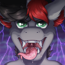 Size: 1500x1500 | Tagged: safe, artist:fkk, oc, oc:cinder smith, species:pony, species:unicorn, g4, commission, drool, fangs, headshot commission, hybrid, maw, mawshot, open mouth, tongue out