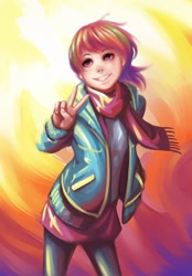 Size: 1116x1600 | Tagged: safe, artist:ninjaham, character:rainbow dash, abstract background, clothing, female, humanized, jacket, peace sign, scarf, solo
