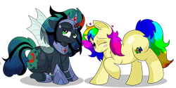 Size: 8800x4400 | Tagged: safe, artist:rainbowtashie, commissioner:bigonionbean, writer:bigonionbean, character:king sombra, character:nightmare moon, character:princess luna, character:queen chrysalis, oc, oc:empress sacer malum, oc:rainbow tashie, species:changeling, species:earth pony, species:pony, species:unicorn, g4, armor, bugbutt, butt, changeling oc, changeling queen, crown, curved horn, cutie mark, embarrassed, extra thicc, female, flank, fusion, fusion:empress sacer malum, horn, jewelry, mare, moonbutt, nintendo 64, not an alicorn, plot, queen umbra, regalia, rule 63, simple background, teasing, transparent background