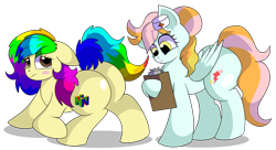 Size: 7700x4200 | Tagged: safe, artist:rainbowtashie, commissioner:bigonionbean, writer:bigonionbean, character:lightning dust, character:nurse redheart, oc, oc:instant care, oc:rainbow tashie, species:earth pony, species:pegasus, species:pony, g4, blushing, butt, clipboard, clothing, cutie mark, embarrassed, extra thicc, female, flank, fusion, fusion:instant care, hat, mare, nurse hat, plot, scrunchy face, simple background, transparent background