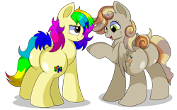 Size: 7700x4800 | Tagged: safe, artist:rainbowtashie, commissioner:bigonionbean, writer:bigonionbean, character:carrot top, character:derpy hooves, character:golden harvest, oc, oc:clumsy carrot, oc:rainbow tashie, species:earth pony, species:pegasus, species:pony, g4, butt, cute, cutie mark, extra thicc, female, flank, fusion, fusion:clumsy carrot, mare, plot, simple background, transparent background