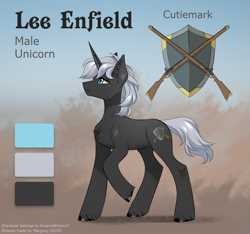 Size: 925x864 | Tagged: safe, artist:margony, oc, oc only, oc:lee enfield, g4, gun, reference sheet, rifle, shield, weapon