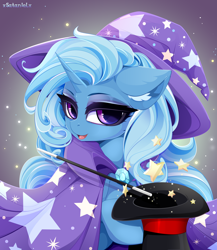 Size: 5000x5760 | Tagged: safe, artist:xsatanielx, rcf community, character:trixie, species:pony, species:unicorn, g4, absurd resolution, cheek fluff, clothing, ear fluff, female, hat, magic wand, mare, open mouth, solo, stars, top hat, wand