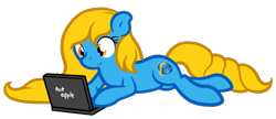 Size: 1280x555 | Tagged: safe, artist:furrgroup, oc, oc:internet explorer, species:pony, g4, ask internet explorer, browser ponies, computer, internet explorer, laptop computer, lying down, prone, simple background, solo, transparent background