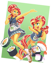 Size: 1100x1378 | Tagged: safe, artist:dstears, character:sunset shimmer, species:pony, species:unicorn, episode:good vibes, eqg summertime shorts, g4, my little pony: equestria girls, my little pony:equestria girls, clothing, cute, digital art, female, food, geta, human ponidox, kimono (clothing), mare, ponidox, self ponidox, shimmerbetes, shoe dangling, smiling, socks, sunset sushi, sushi