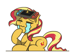Size: 1800x1350 | Tagged: safe, artist:flutterluv, character:sunset shimmer, species:pony, species:unicorn, g4, crying, eyes closed, female, horn, horn impalement, nintendo switch, prone, simple background, solo, transparent background, wavy mouth