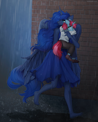 Size: 1280x1600 | Tagged: safe, artist:margony, character:princess luna, oc, species:alicorn, species:anthro, species:plantigrade anthro, species:pony, species:unicorn, g4, barefoot, clothing, colt, dirt, dirty, dirty feet, dress, escape, feet, female, male, pants, praise the moon, puddle, rain, rescue, running, shoes, torn clothes, wet