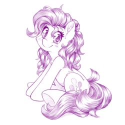Size: 1280x1280 | Tagged: safe, artist:dstears, character:pinkie pie, species:earth pony, species:pony, g4, butt fluff, cheek fluff, chest fluff, cute, diapinkes, ear fluff, female, fluffy, grayscale, leg fluff, looking at you, mare, monochrome, pencil drawing, simple background, sitting, sketch, smiling, smiling at you, solo, traditional art, underhoof, white background