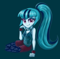 Size: 1024x994 | Tagged: safe, artist:rileyav, character:sonata dusk, species:eqg human, g4, my little pony:equestria girls, adorasexy, blue background, breasts, cleavage, clothing, cute, female, grin, hand on chin, leggings, looking at you, lying down, on side, sexy, shorts, simple background, smiling, smirk, solo, sonatabetes, tank top, wristband