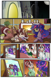 Size: 1800x2740 | Tagged: safe, artist:candyclumsy, commissioner:bigonionbean, writer:bigonionbean, oc, oc:king speedy hooves, oc:queen galaxia, oc:tommy the human, species:alicorn, species:human, species:pony, comic:the fusion flashback 2, g4, alicorn oc, alicorn princess, alicornified, bandage, bed, canterlot, canterlot castle, clothing, comic, cuddling, cutie mark, eyes closed, family photo, father and child, father and son, female, fireplace, full moon, fusion, fusion:king speedy hooves, fusion:queen galaxia, hair bun, horn, hospital bed, hugging a pony, human oc, husband and wife, iv drip, male, moon, mother and child, mother and son, nuzzling, pajamas, photos, picture frame, ponified, ponytail, race swap, royal family, royalty, shrub, sleeping, wings
