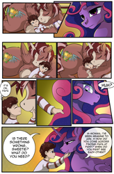 Size: 1800x2740 | Tagged: safe, artist:candyclumsy, commissioner:bigonionbean, writer:bigonionbean, oc, oc:king speedy hooves, oc:queen galaxia, oc:tommy the human, species:alicorn, species:human, species:pony, comic:the fusion flashback 2, g4, alicorn oc, alicorn princess, butt, canterlot, canterlot castle, clothing, comic, cuddling, cutie mark, dialogue, ethereal mane, eyes closed, father and child, father and son, female, fireplace, fusion, fusion:king speedy hooves, fusion:queen galaxia, horn, huge butt, hugging a pony, human oc, husband and wife, kissing, large butt, male, mother and child, mother and son, nuzzling, pajamas, royalty, sleeping, unconscious, wings, worried