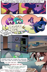 Size: 1800x2740 | Tagged: safe, artist:candyclumsy, commissioner:bigonionbean, writer:bigonionbean, character:princess cadance, character:princess celestia, character:princess luna, character:twilight sparkle, character:twilight sparkle (alicorn), oc, oc:king speedy hooves, oc:queen galaxia, oc:tommy the human, species:alicorn, species:human, species:pony, comic:the fusion flashback 2, g4, alicorn oc, alicorn princess, basement, bookshelf, brush, canterlot, canterlot castle, closet, clothing, comic, cuddling, dialogue, dirty, dustpan, ethereal mane, facehoof, fan, female, flashback, furniture, fusion, fusion:king speedy hooves, fusion:queen galaxia, glasses, hair bun, horn, hugging a pony, human oc, kissing, magic, male, mirror, mother and child, mother and son, notebook, nuzzling, potion, royalty, shattered glass, sign, sleeping, talking to himself, thought bubble, unconscious, wings