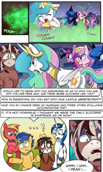 Size: 1800x3004 | Tagged: safe, artist:candyclumsy, commissioner:bigonionbean, writer:bigonionbean, character:big mcintosh, character:flash sentry, character:princess cadance, character:princess celestia, character:princess luna, character:shining armor, character:trouble shoes, character:twilight sparkle, character:twilight sparkle (alicorn), oc, oc:king speedy hooves, species:alicorn, species:earth pony, species:pegasus, species:pony, species:unicorn, comic:the fusion flashback 2, g4, alicorn oc, alicorn princess, basement, blast, canterlot, canterlot castle, clothing, comic, confused, coughing, dialogue, ethereal mane, flashback, frustrated, fusion, fusion:king speedy hooves, gas, hat, horn, jewelry, magic, magic blast, panic, potion, regalia, royalty, surprised, talking to himself, thought bubble, wings