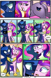 Size: 1800x2740 | Tagged: safe, artist:candyclumsy, commissioner:bigonionbean, writer:bigonionbean, character:princess cadance, character:princess luna, oc, oc:princess luminescent love, oc:princess morning star, species:alicorn, species:pony, comic:the fusion flashback 2, g4, alicorn princess, basement, butt, canterlot, canterlot castle, comic, cutie mark, dat ass was fat, ethereal mane, flank, flashback, forced, fusion, fusion:princess luminescent love, fusion:princess morning star, jewelry, lovebutt, magic, merge, merging, moonbutt, plot, royalty, shocked, surprised, swelling