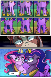 Size: 1800x2740 | Tagged: safe, artist:candyclumsy, commissioner:bigonionbean, writer:bigonionbean, oc, oc:king speedy hooves, oc:princess luminescent love, oc:princess morning star, oc:queen galaxia, species:alicorn, species:pony, comic:the fusion flashback 2, g4, alicorn princess, basement, canterlot, canterlot castle, chamber, comic, concerned, cutie mark, embarrassed, ethereal mane, flashback, forced, fusion, fusion:king speedy hooves, fusion:princess luminescent love, fusion:princess morning star, fusion:queen galaxia, jewelry, magic, merge, merging, royalty, shocked, surprised, swelling