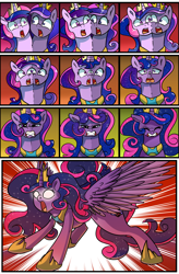 Size: 1800x2740 | Tagged: safe, artist:candyclumsy, commissioner:bigonionbean, writer:bigonionbean, oc, oc:princess luminescent love, oc:princess morning star, oc:queen galaxia, species:alicorn, species:pony, comic:the fusion flashback 2, g4, alicorn princess, basement, canterlot, canterlot castle, chamber, comic, concerned, cutie mark, embarrassed, ethereal mane, flashback, forced, fusion, fusion:princess luminescent love, fusion:princess morning star, fusion:queen galaxia, jewelry, magic, merge, merging, royalty, shocked, surprised, swelling