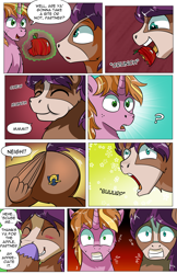 Size: 2036x3148 | Tagged: safe, artist:candyclumsy, commissioner:bigonionbean, writer:bigonionbean, oc, oc:fast hooves, oc:home defence, species:earth pony, species:pegasus, species:pony, species:unicorn, comic:the birth of speedy hooves, g4, apple, burp, butt, clydesdale, comic, confused, cutie mark, dialogue, extra thicc, falling, flank, food, fusion, fusion:fast hooves, fusion:home defence, giggling, head shake, magic, male, neigh, nibbling, plot, shocked, stallion, surprised, thoughts, tripping, whinny, wing slap