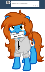 Size: 855x1377 | Tagged: safe, artist:furrgroup, oc, oc:firefox, oc:internet explorer, species:pony, g4, ask internet explorer, browser ponies, clothing, cosplay, costume, internet explorer, mouth hold, shirt, solo