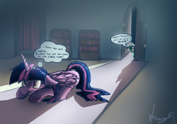Size: 3170x2215 | Tagged: safe, artist:alumx, character:lyra heartstrings, character:twilight sparkle, character:twilight sparkle (alicorn), species:alicorn, species:pony, book, bookshelf, female, humie, mare, thought bubble