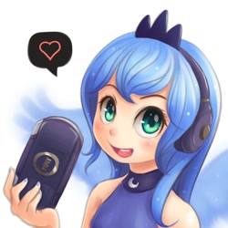 Size: 800x800 | Tagged: safe, artist:ninjaham, character:princess luna, species:human, gamer luna, blushing, bust, clothing, female, headphones, headset, heart, humanized, looking at you, open mouth, playstation portable, psp, simple background, solo, white background