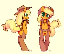 Size: 800x672 | Tagged: safe, artist:doxy, character:applejack, belly button, bipedal, chaps, clothing, cowboy hat, female, hat, looking at you, panties, red underwear, semi-anthro, simple background, smiling, solo, underwear