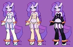 Size: 600x392 | Tagged: safe, artist:doxy, character:rarity, species:anthro, species:unguligrade anthro, belly button, breasts, camisole, clothing, evening gloves, female, garter belt, garters, high heels, lingerie, looking at you, panties, purple background, shackles, simple background, solo, stockings, thong, underass, underwear, white underwear, yellow underwear