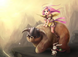Size: 1380x1020 | Tagged: safe, artist:ninjaham, character:angel bunny, character:fluttershy, species:human, armor, bear, cute, dovahbear, dovahkiin, dovahshy, hair accessory, humanized, open mouth, riding, shyabetes, skyrim, the elder scrolls, winged humanization